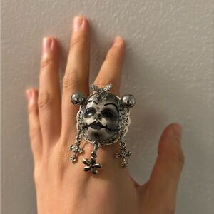 Unique Silver Face Ring with Charms
